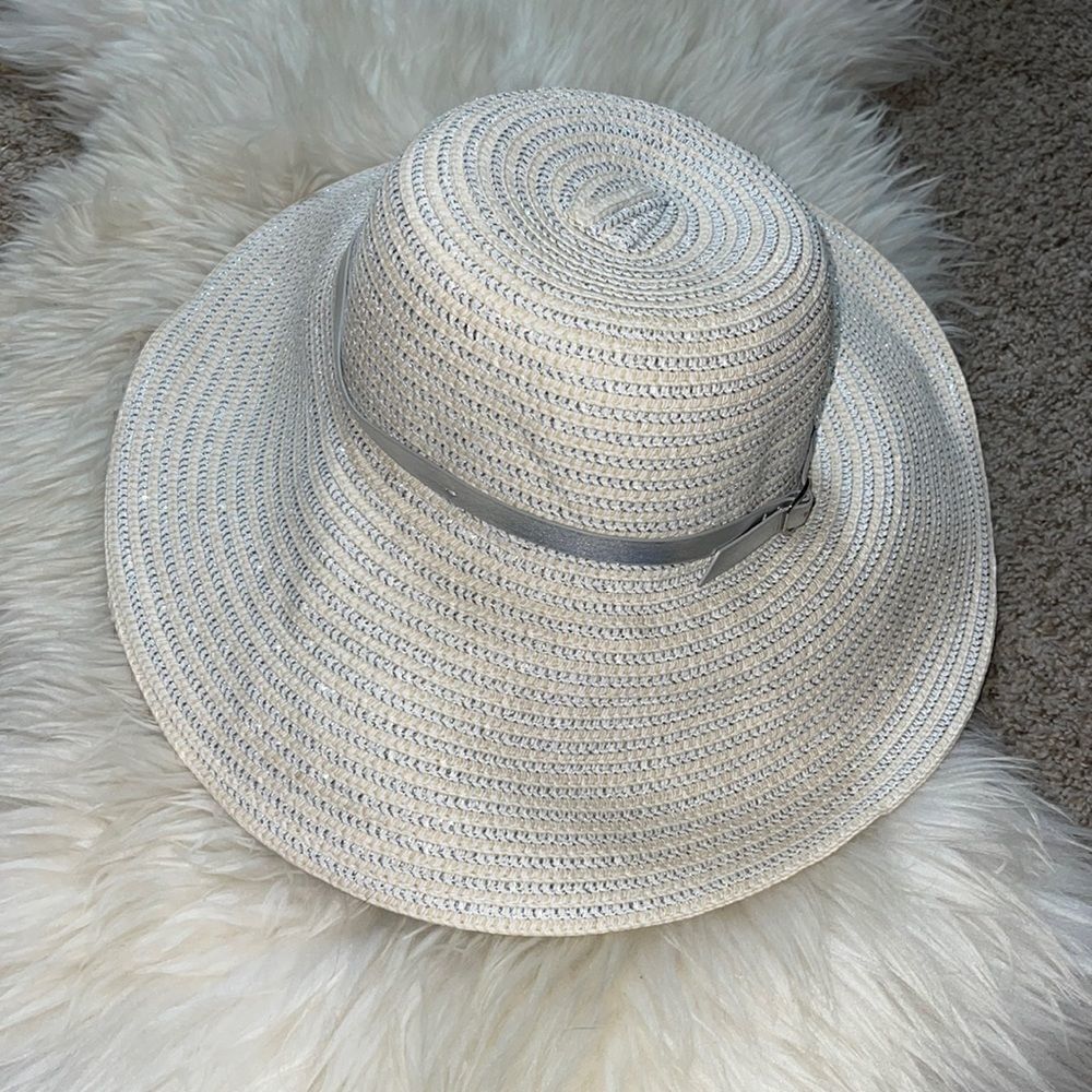 August Hats company straw Hat with silver metallic leather belt large summer